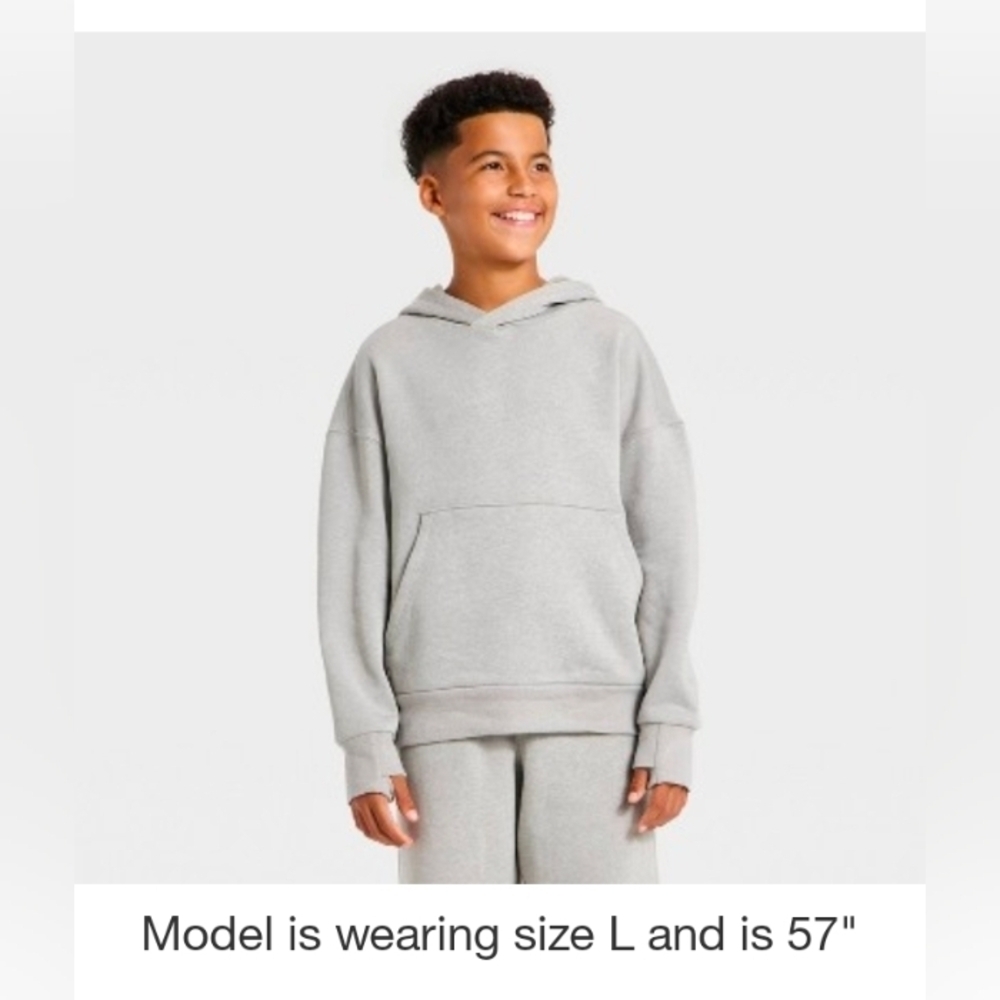 All In Motion Boy's Fleece Hooded Sweatshirt With Thumbholes Light Gray Size L